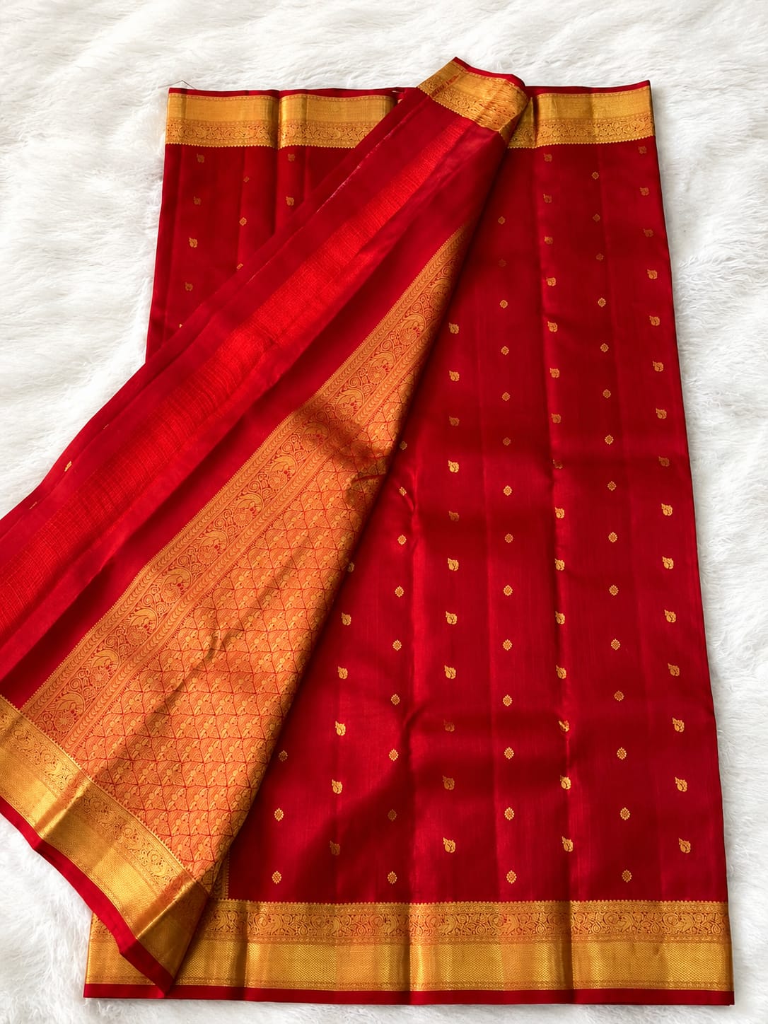 Crimson Red Pure Silk Saree with Gold Peacock Zari Border