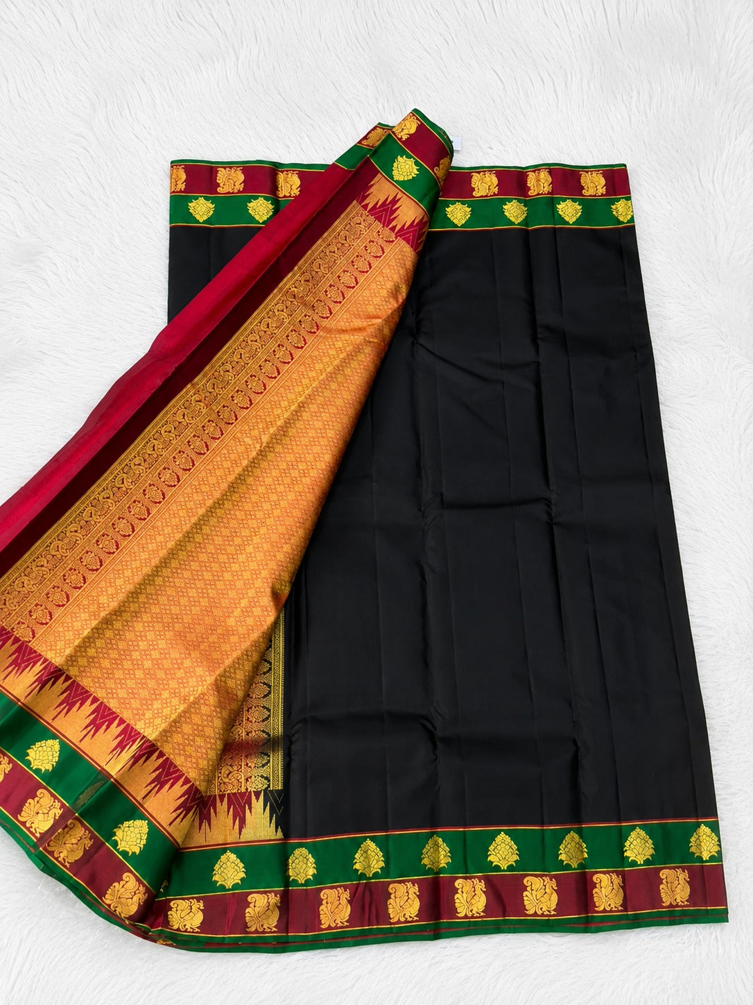 Black Pure Silk Saree with Green Maroon Dual Zari Border
