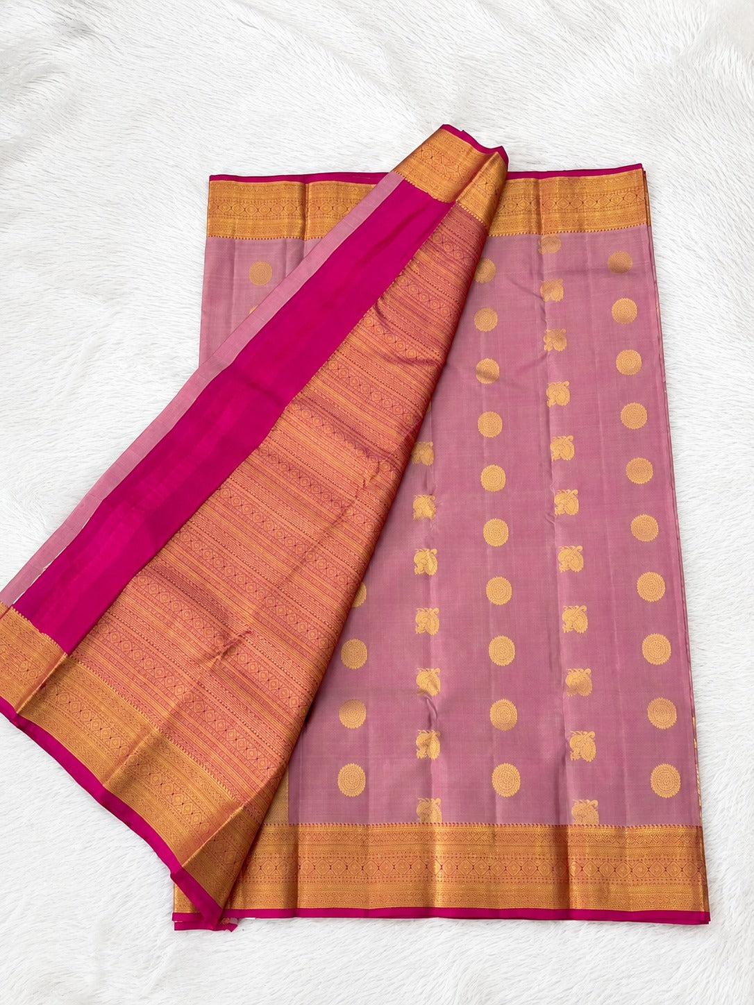 Mauve Pure Silk Saree with Gold Peacock and Medallion Motifs