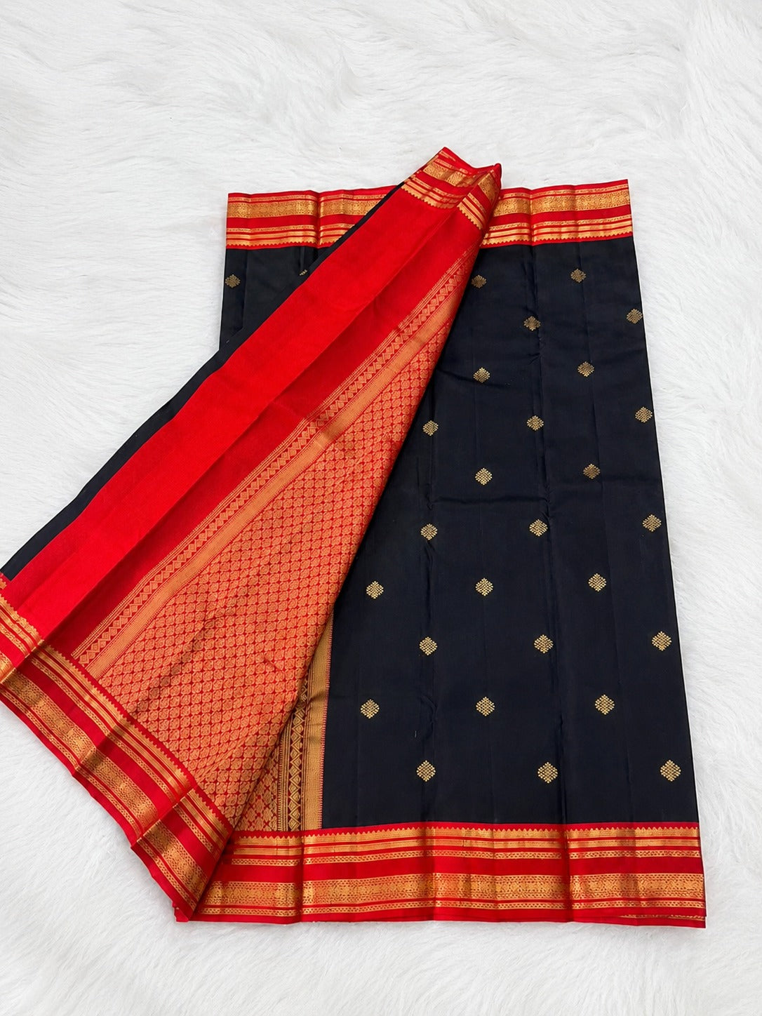 Black Pure Silk Saree with Contrast Red Gold Zari Border