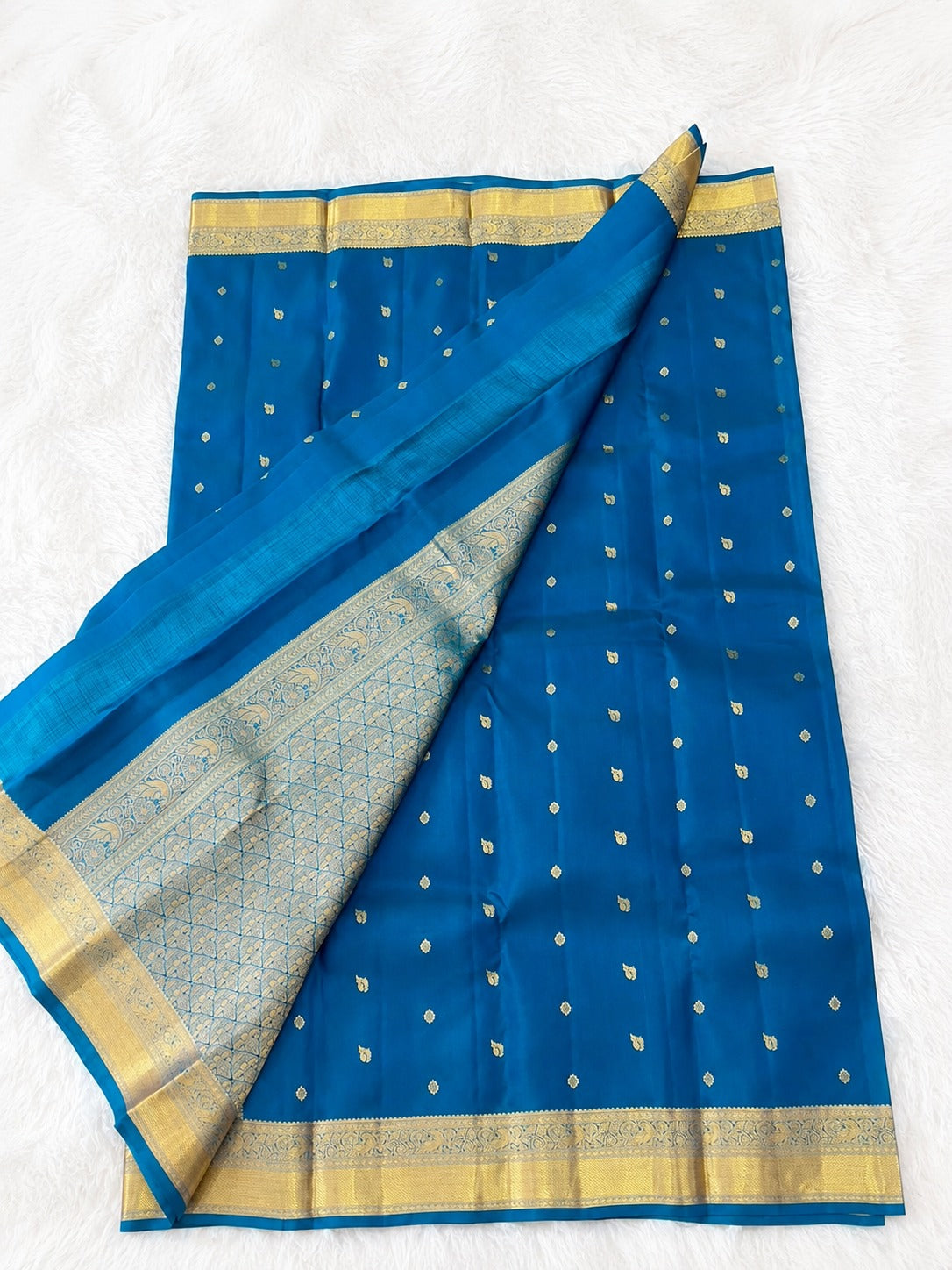 Peacock Blue Pure Silk Saree with Gold Zari Border & Butis