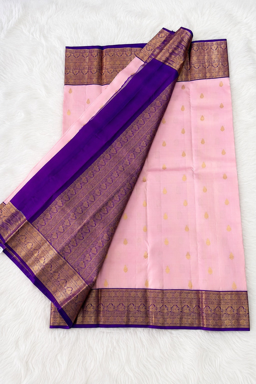 Blush Pink Pure Silk Saree with Purple Gold Peacock Border