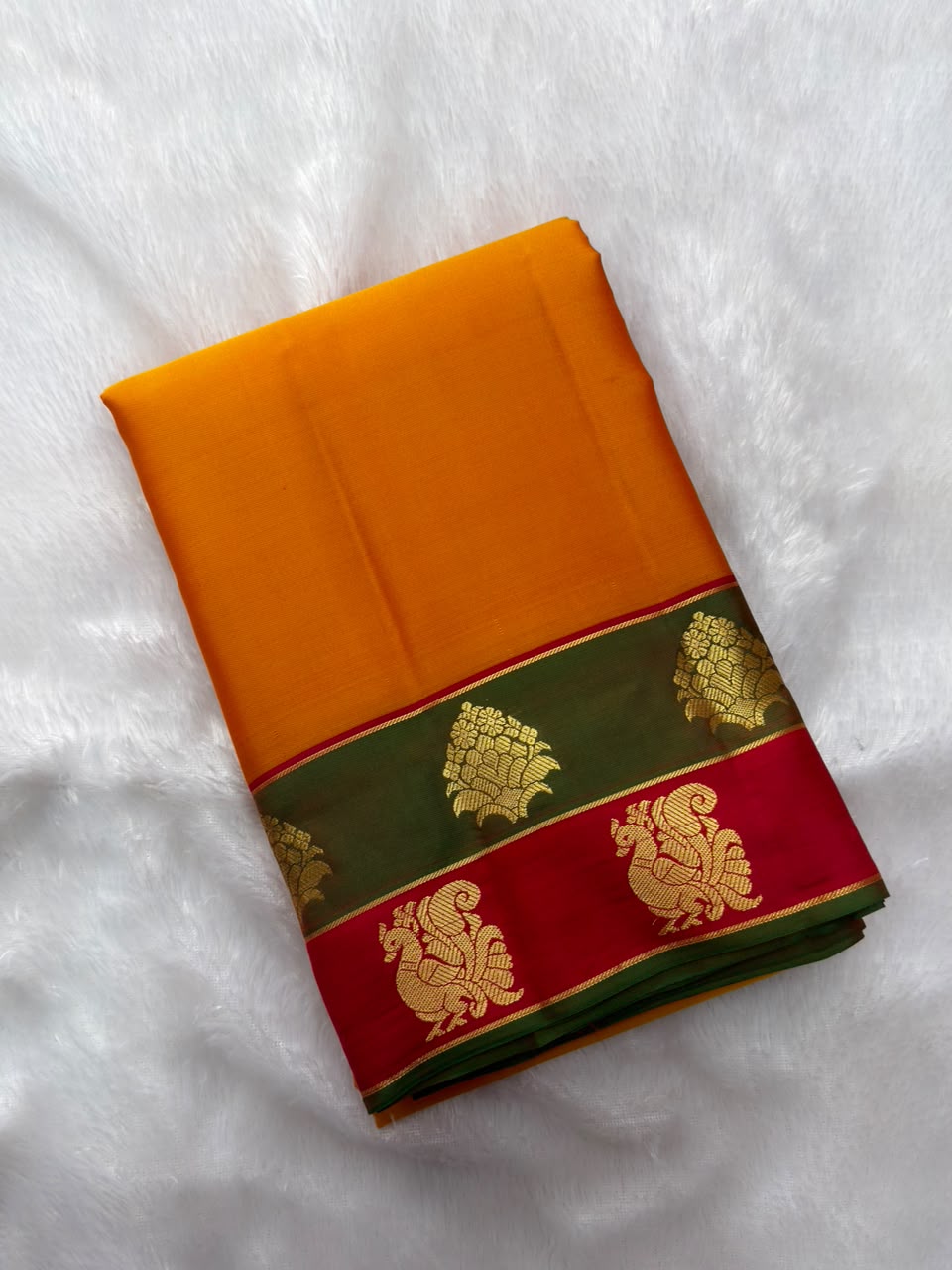 Bright Mango Orange Handloomed Pure Silk Kanchipuram Saree