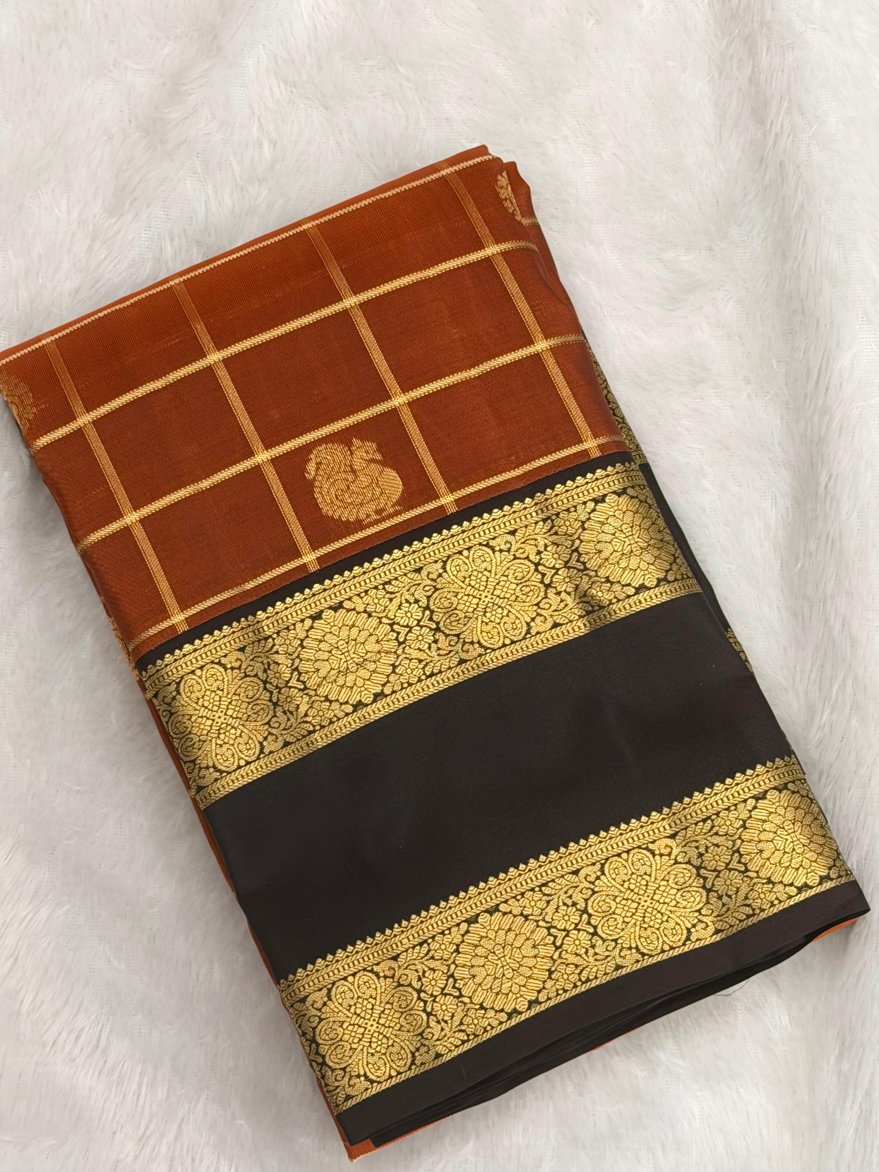 Copper Brown Checked Pure Silk Saree with Dark Border