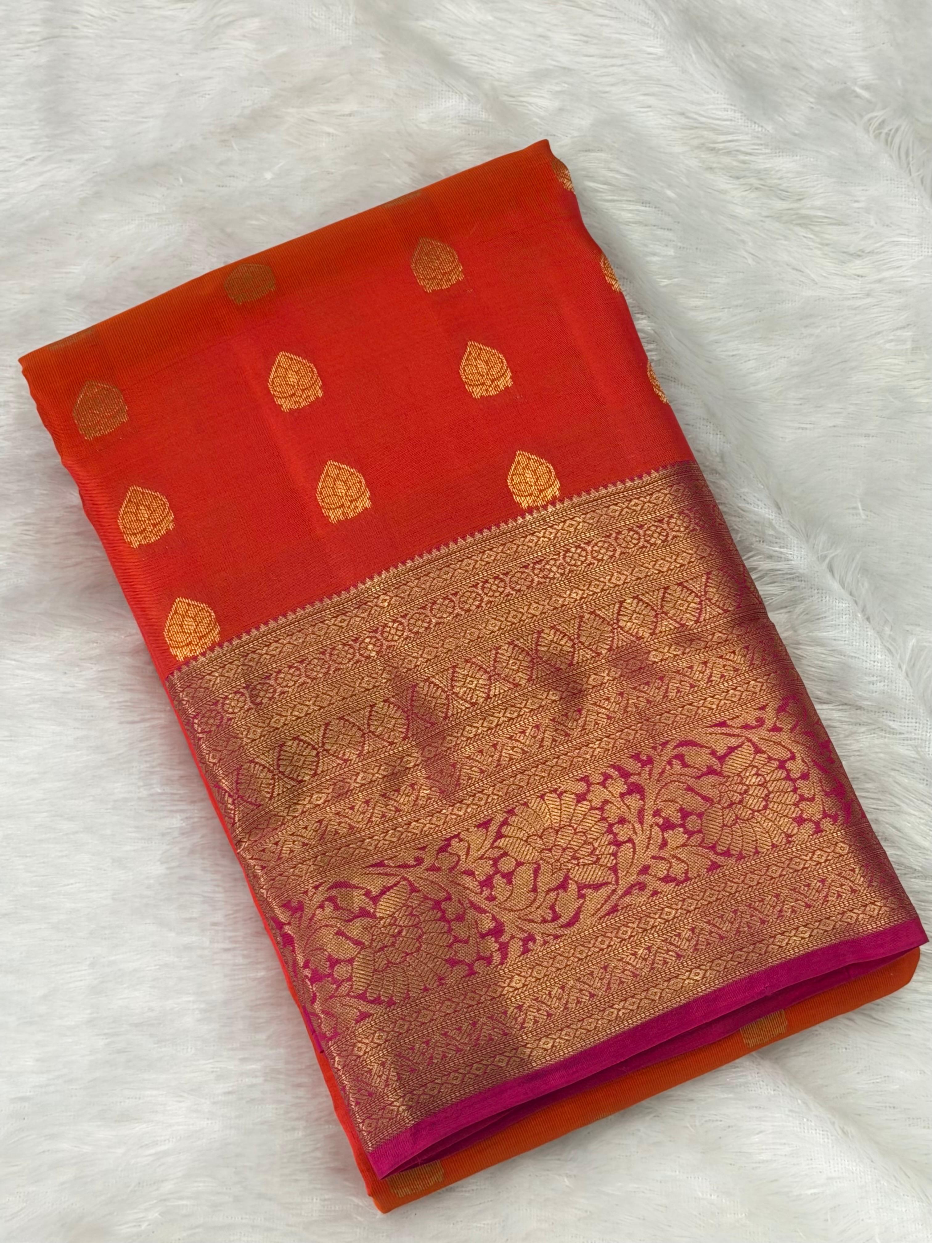 Vermillion Orange Handloomed Kanchipuram Pure Silk Saree