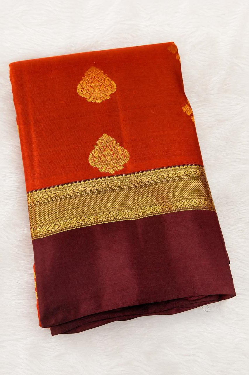 Rust Orange Pure Silk Saree with Brown Zari Border