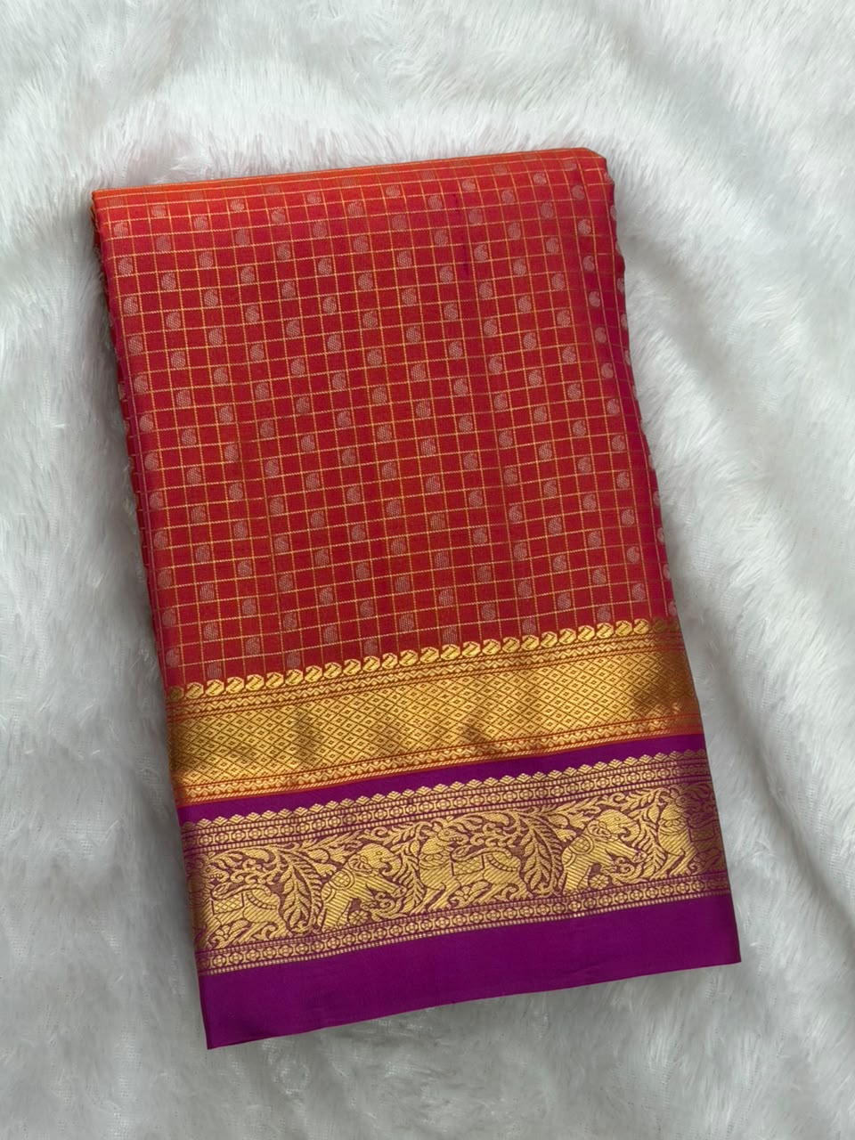 Crimson Red Checked Pure Silk Saree Purple Zari Border