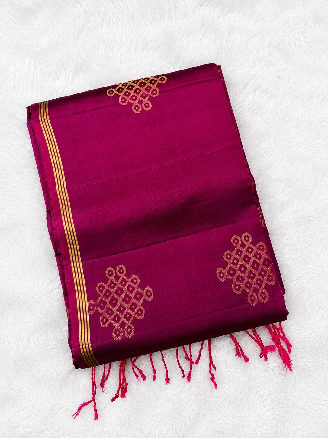 Magenta Pure Silk Saree with Gold Geometric Kolam Motifs
