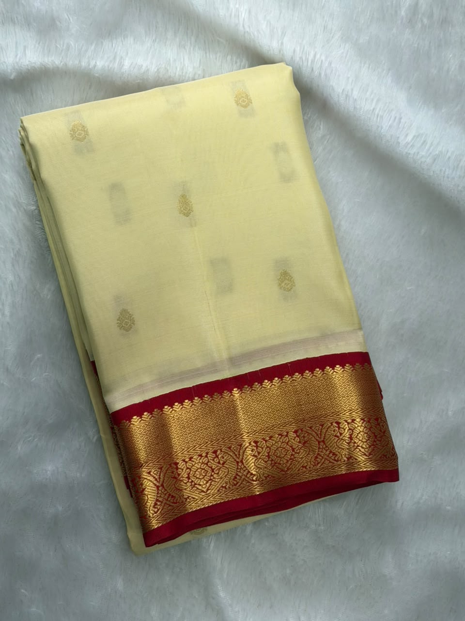 Butter Cream Pure Silk Saree with Crimson Zari Border