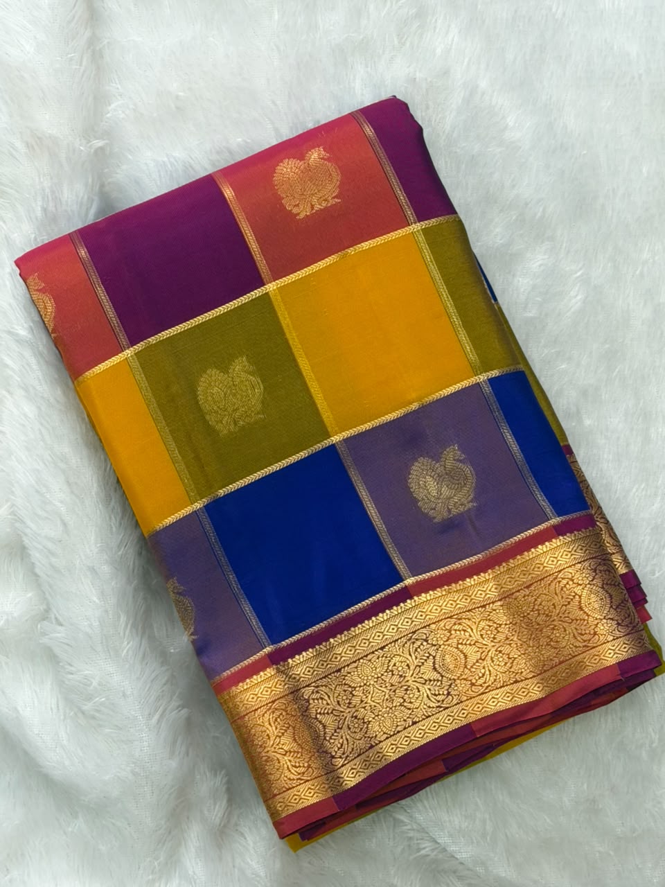 Multi Color Checked Pure Silk Saree with Gold Border