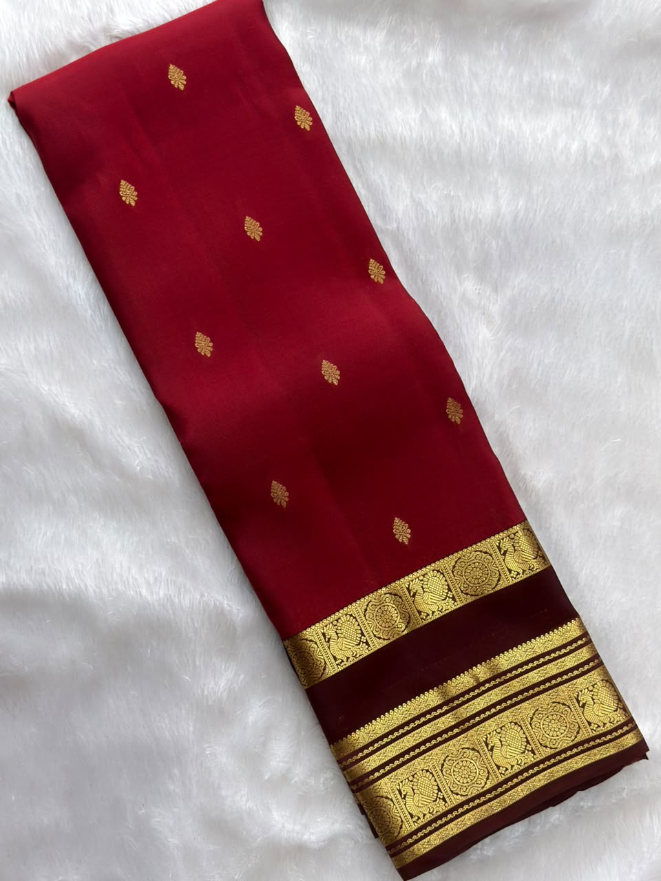 Burgundy Pure Silk Saree with Brown Gold Peacock Zari Border