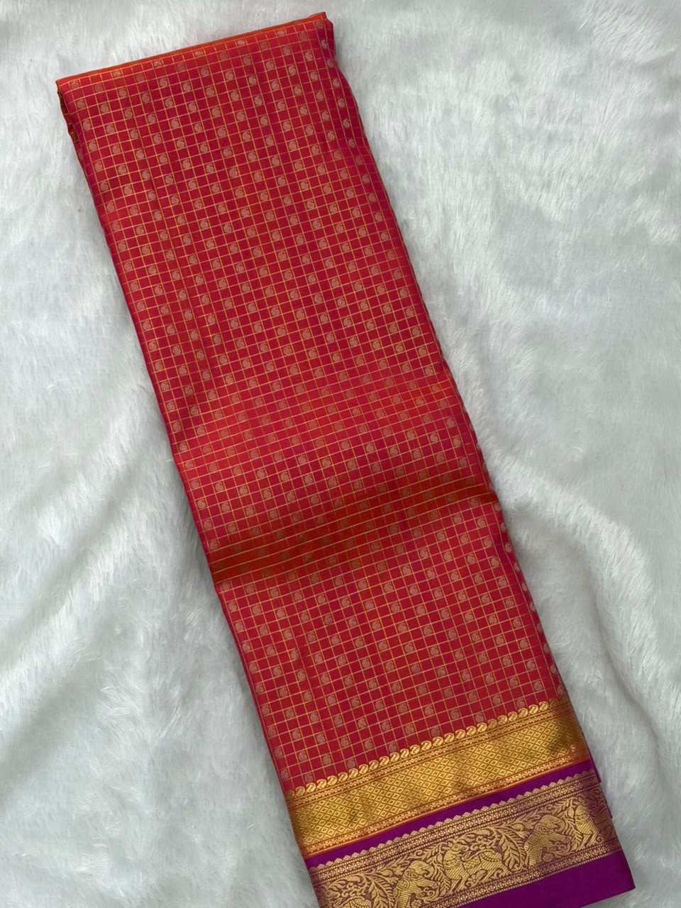 Crimson Red Checked Pure Silk Saree Purple Zari Border