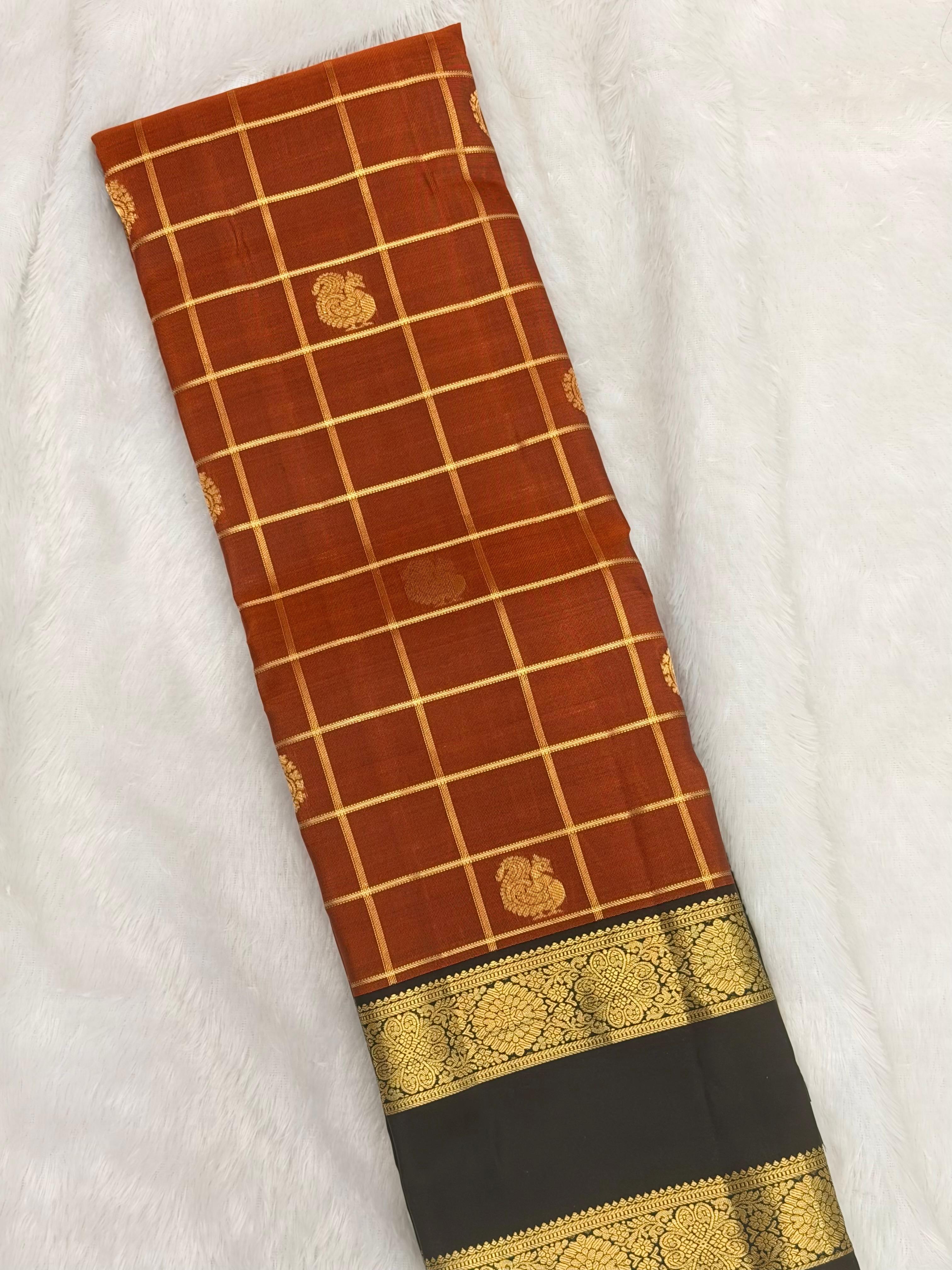 Copper Brown Checked Pure Silk Saree with Dark Border