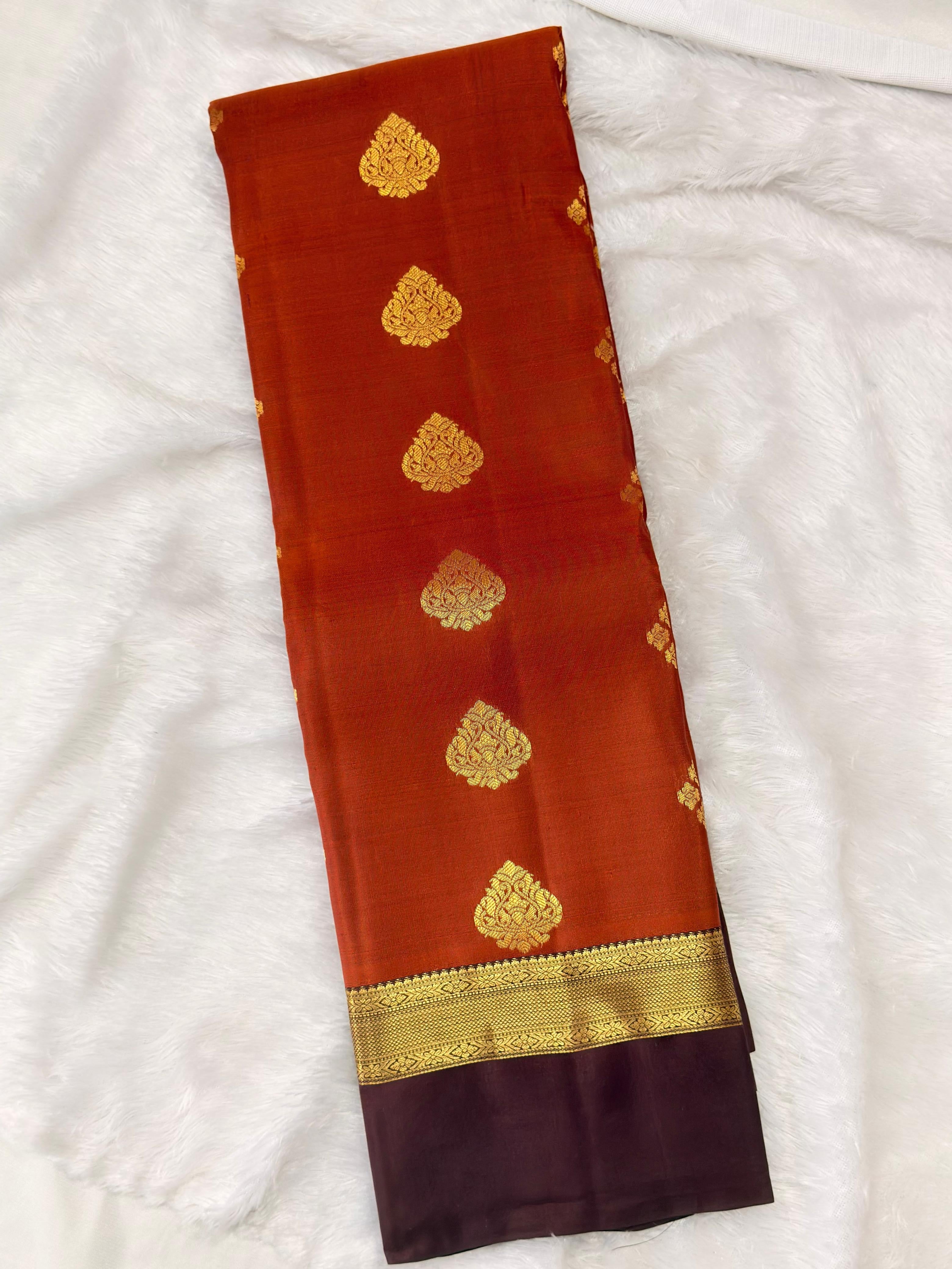 Rust Orange Pure Silk Saree with Brown Zari Border