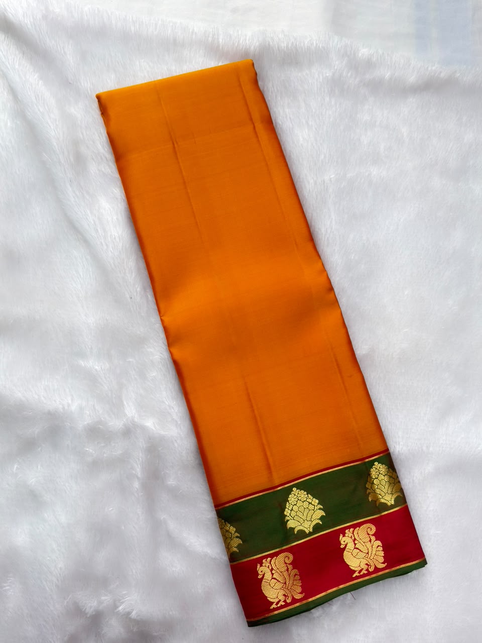 Bright Mango Orange Handloomed Pure Silk Kanchipuram Saree