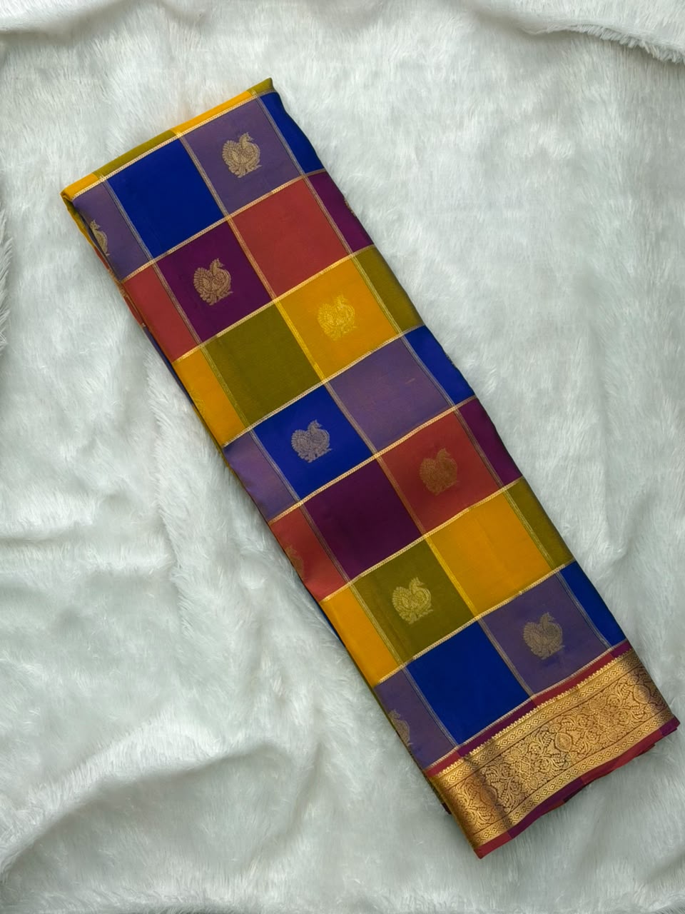 Multi Color Checked Pure Silk Saree with Gold Border