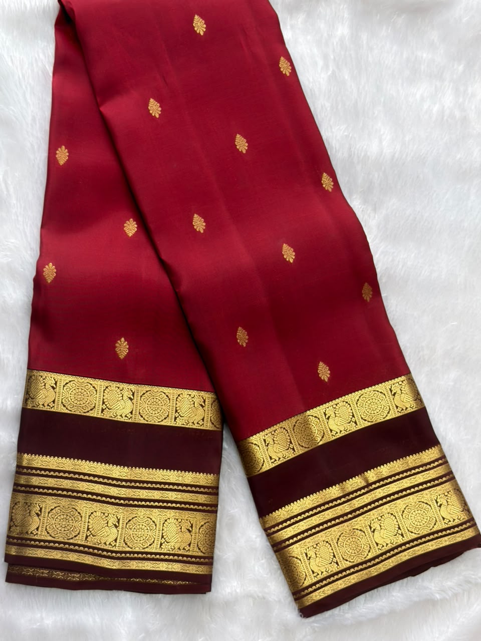 Burgundy Pure Silk Saree with Brown Gold Peacock Zari Border