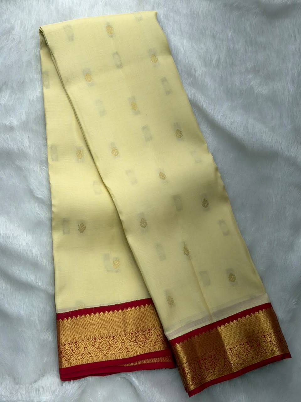 Butter Cream Pure Silk Saree with Crimson Zari Border