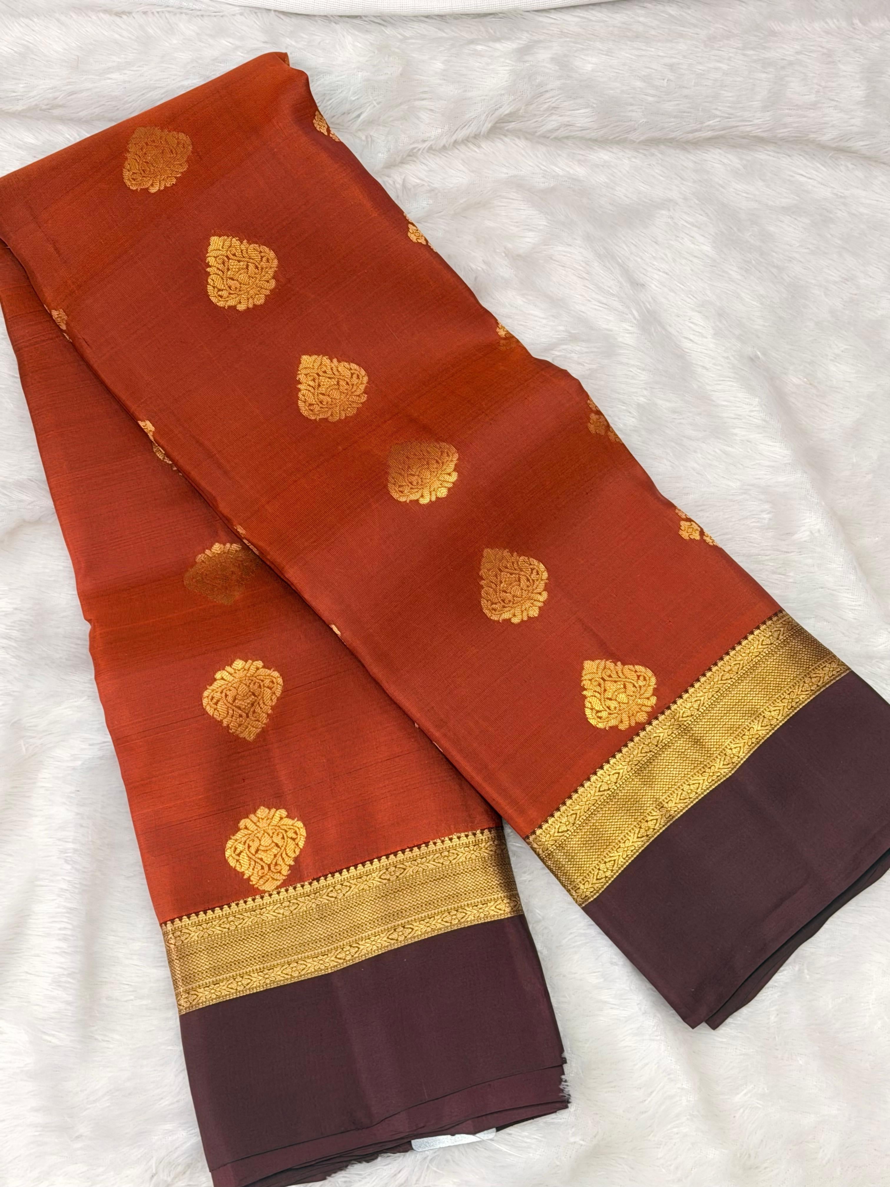 Rust Orange Pure Silk Saree with Brown Zari Border