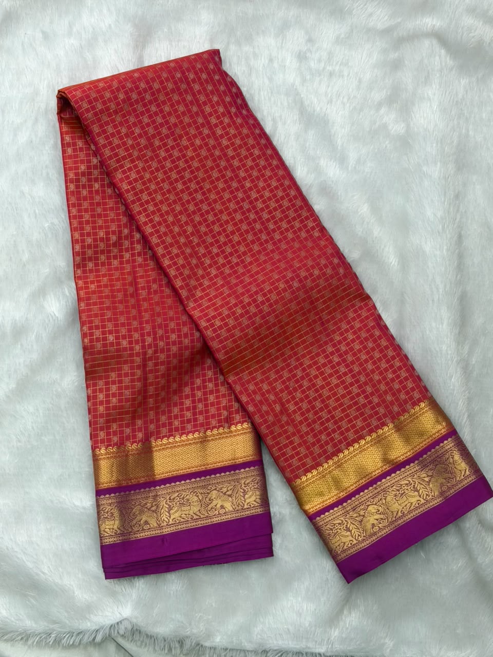 Crimson Red Checked Pure Silk Saree Purple Zari Border
