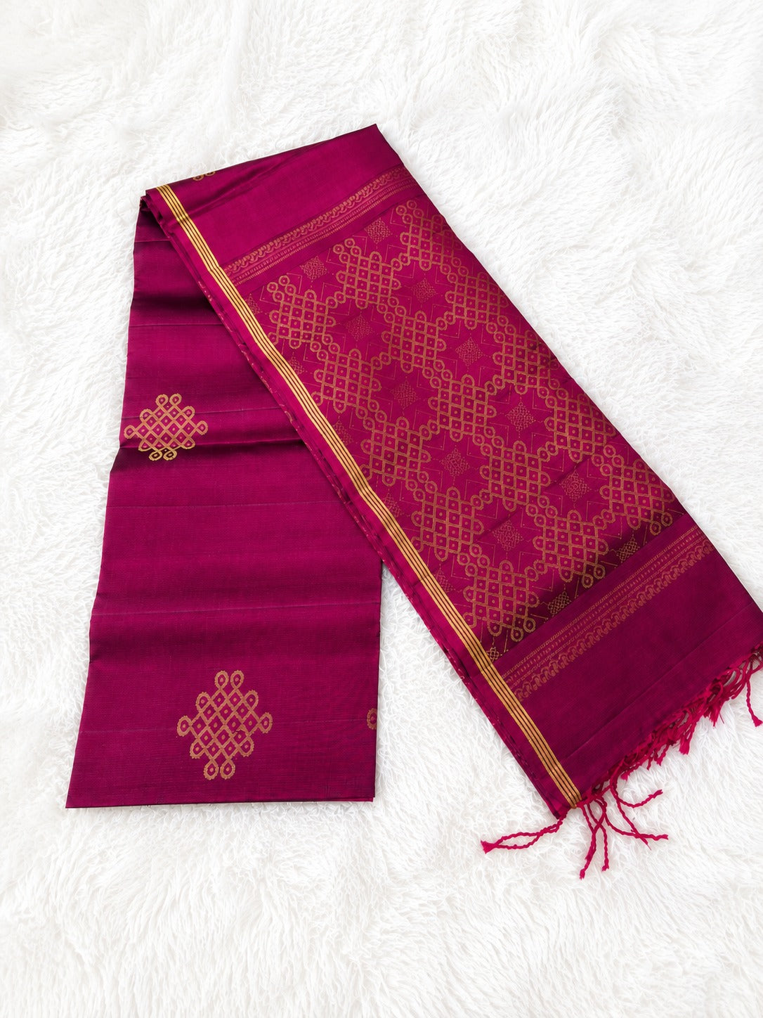 Magenta Pure Silk Saree with Gold Geometric Kolam Motifs