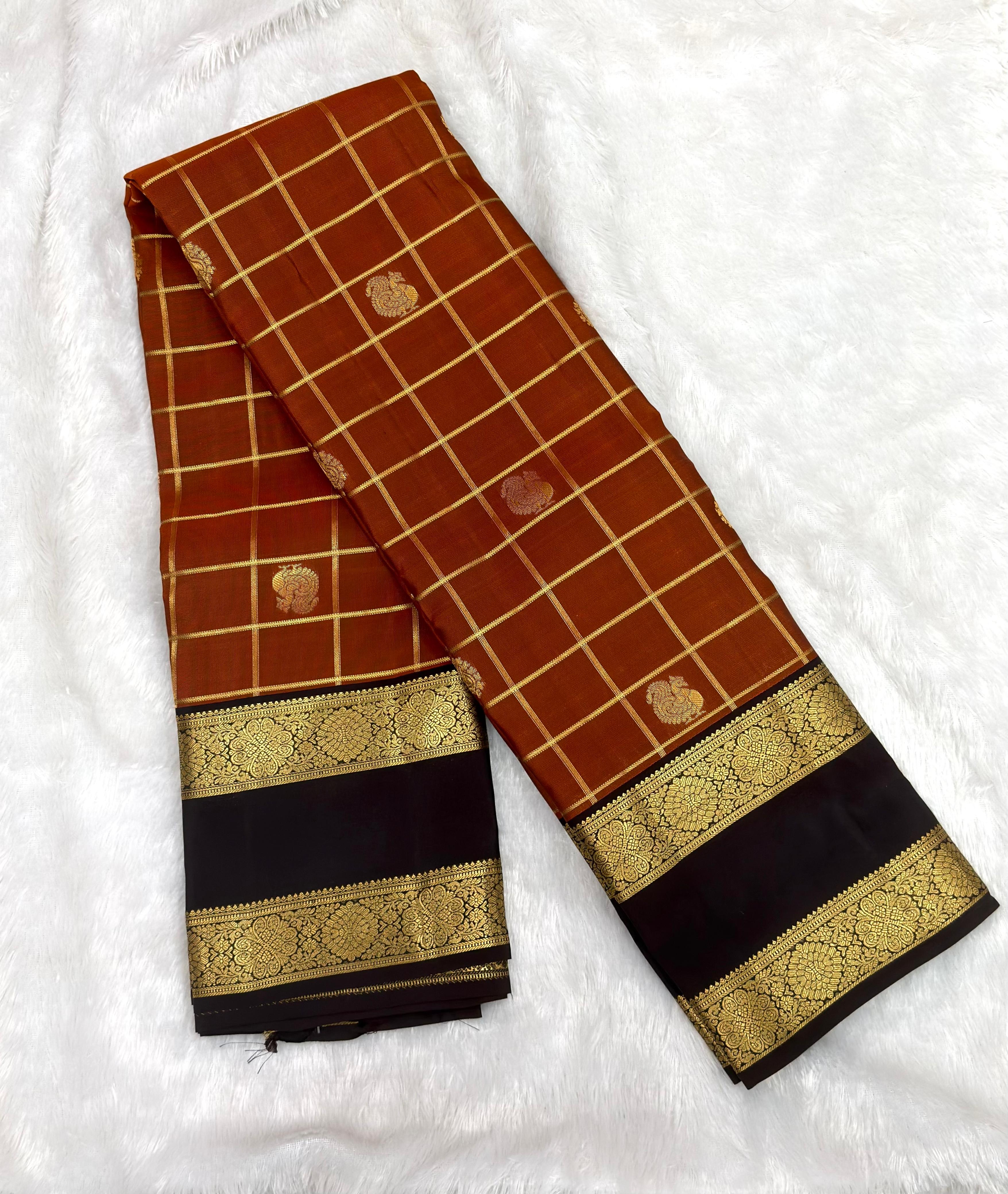 Copper Brown Checked Pure Silk Saree with Dark Border
