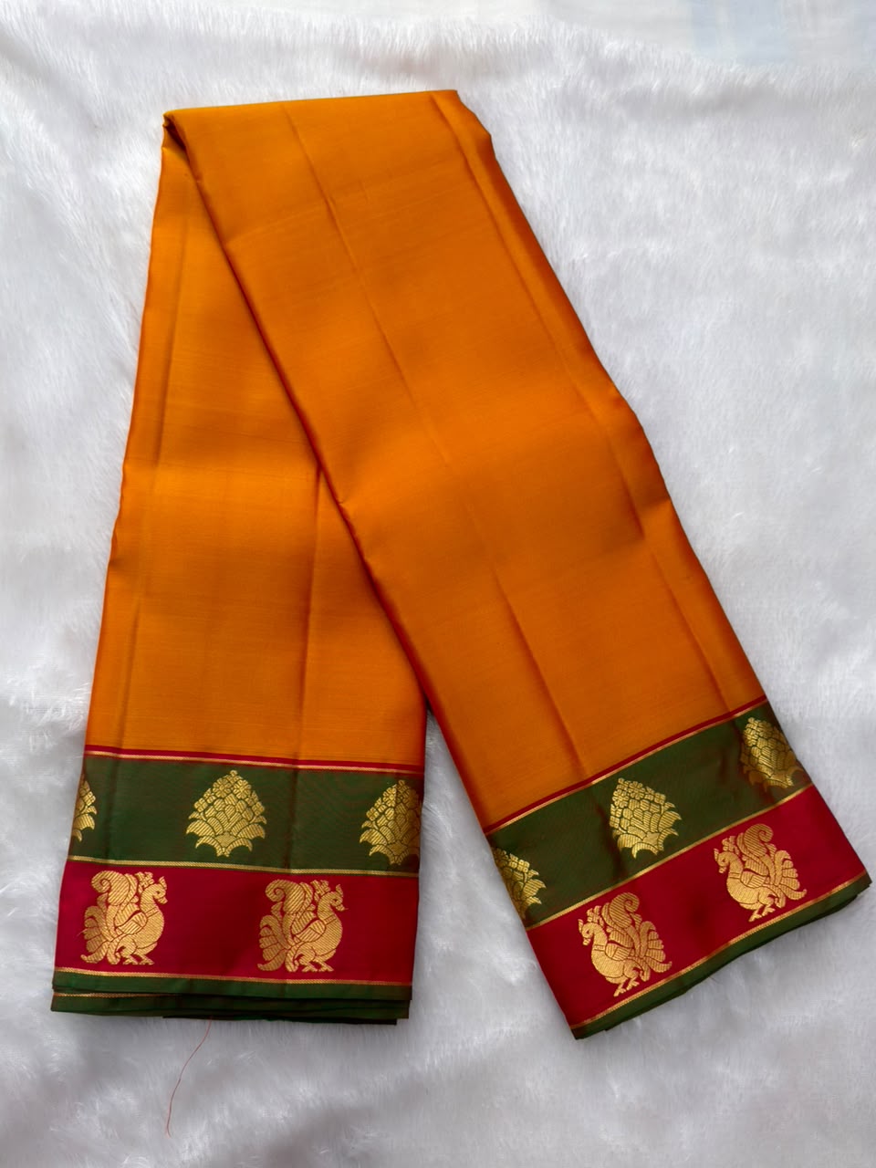 Bright Mango Orange Handloomed Pure Silk Kanchipuram Saree