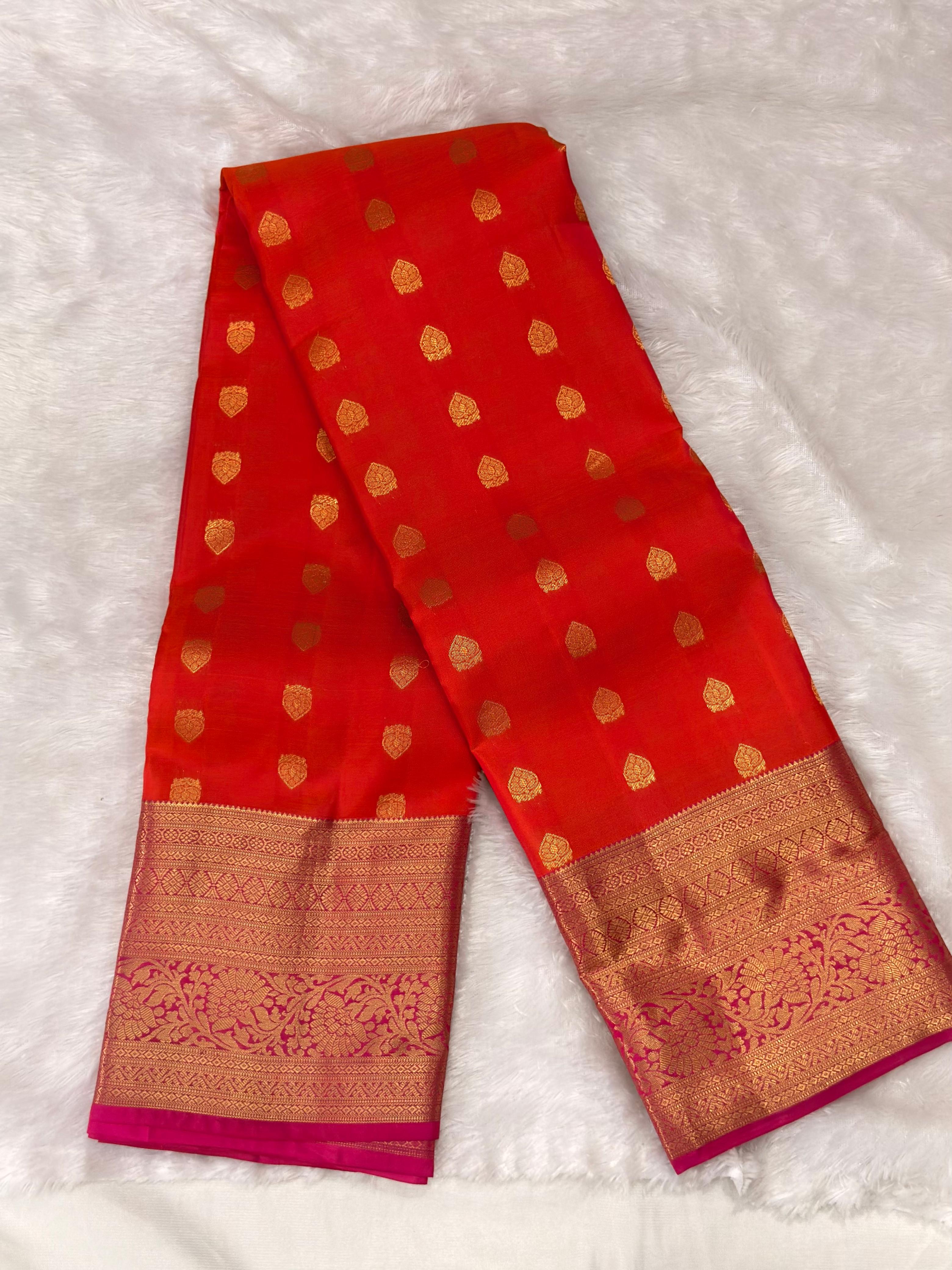 Vermillion Orange Handloomed Kanchipuram Pure Silk Saree
