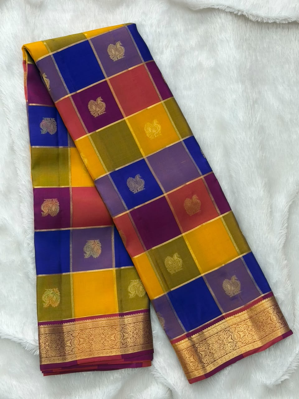 Multi Color Checked Pure Silk Saree with Gold Border