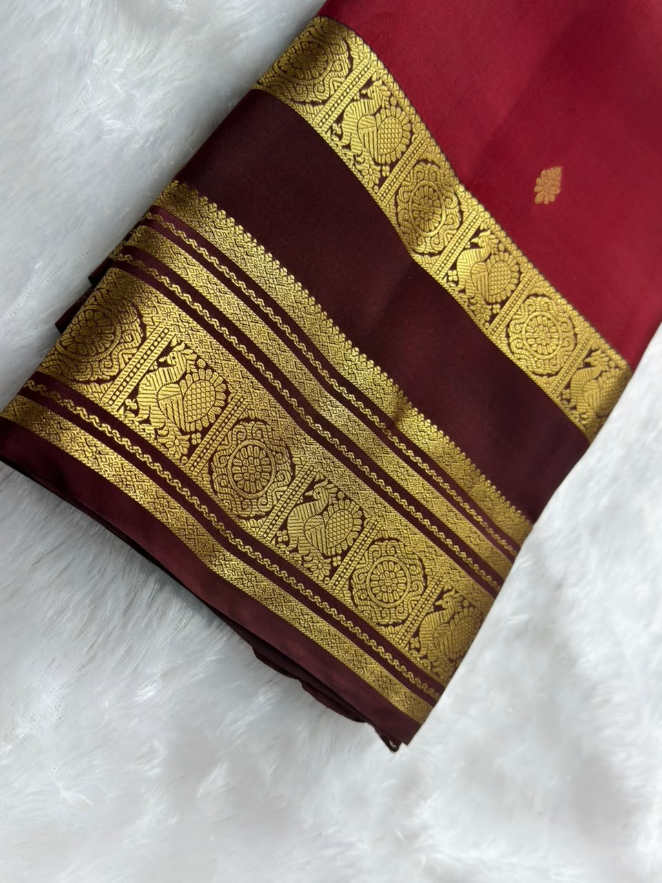 Burgundy Pure Silk Saree with Brown Gold Peacock Zari Border