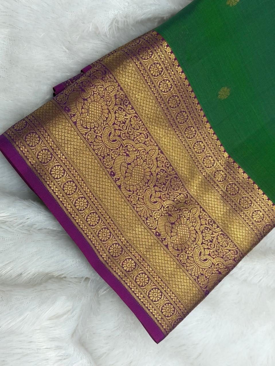 Emerald Green Pure Silk Saree with Gold Zari Border