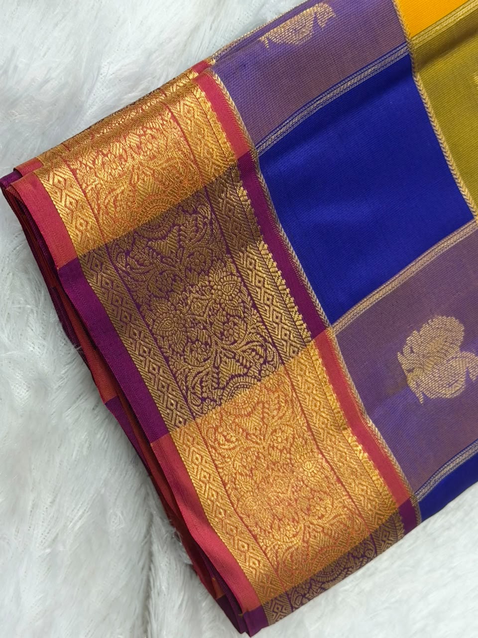 Multi Color Checked Pure Silk Saree with Gold Border