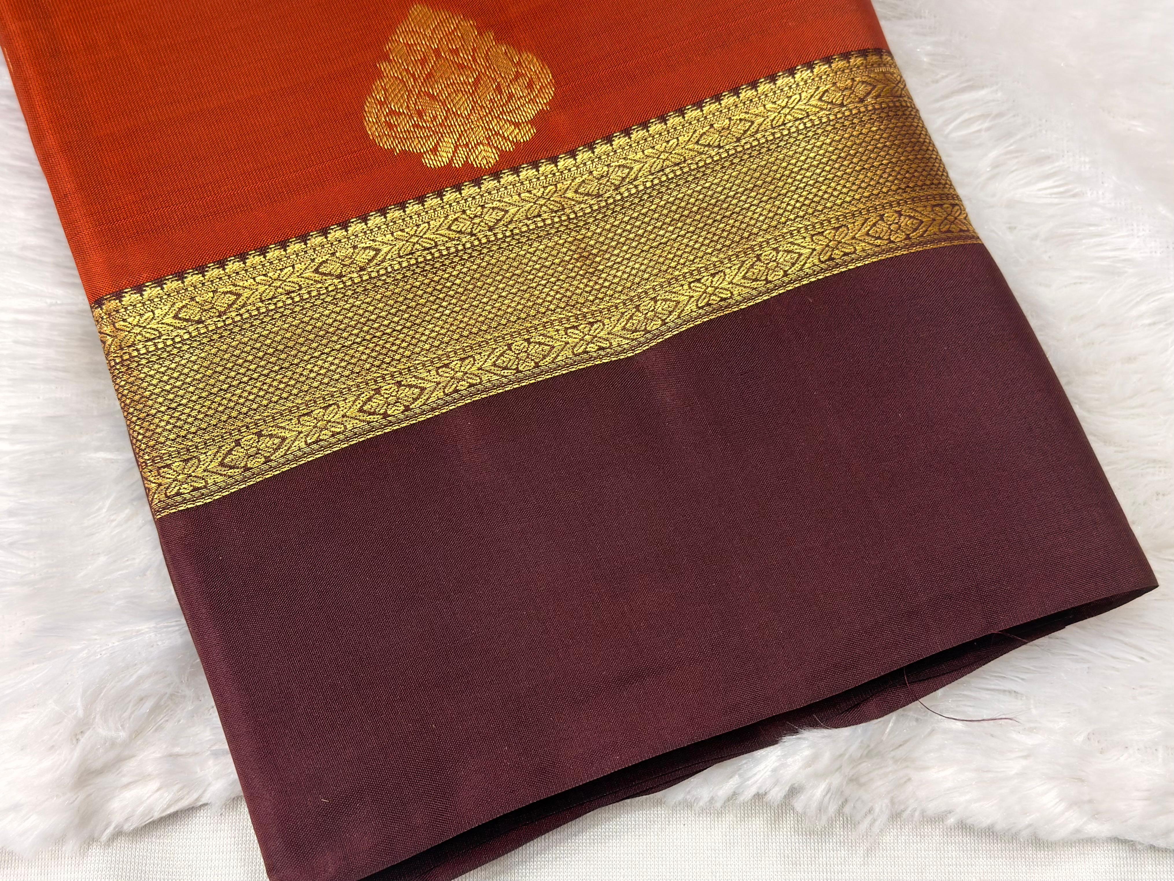 Rust Orange Pure Silk Saree with Brown Zari Border