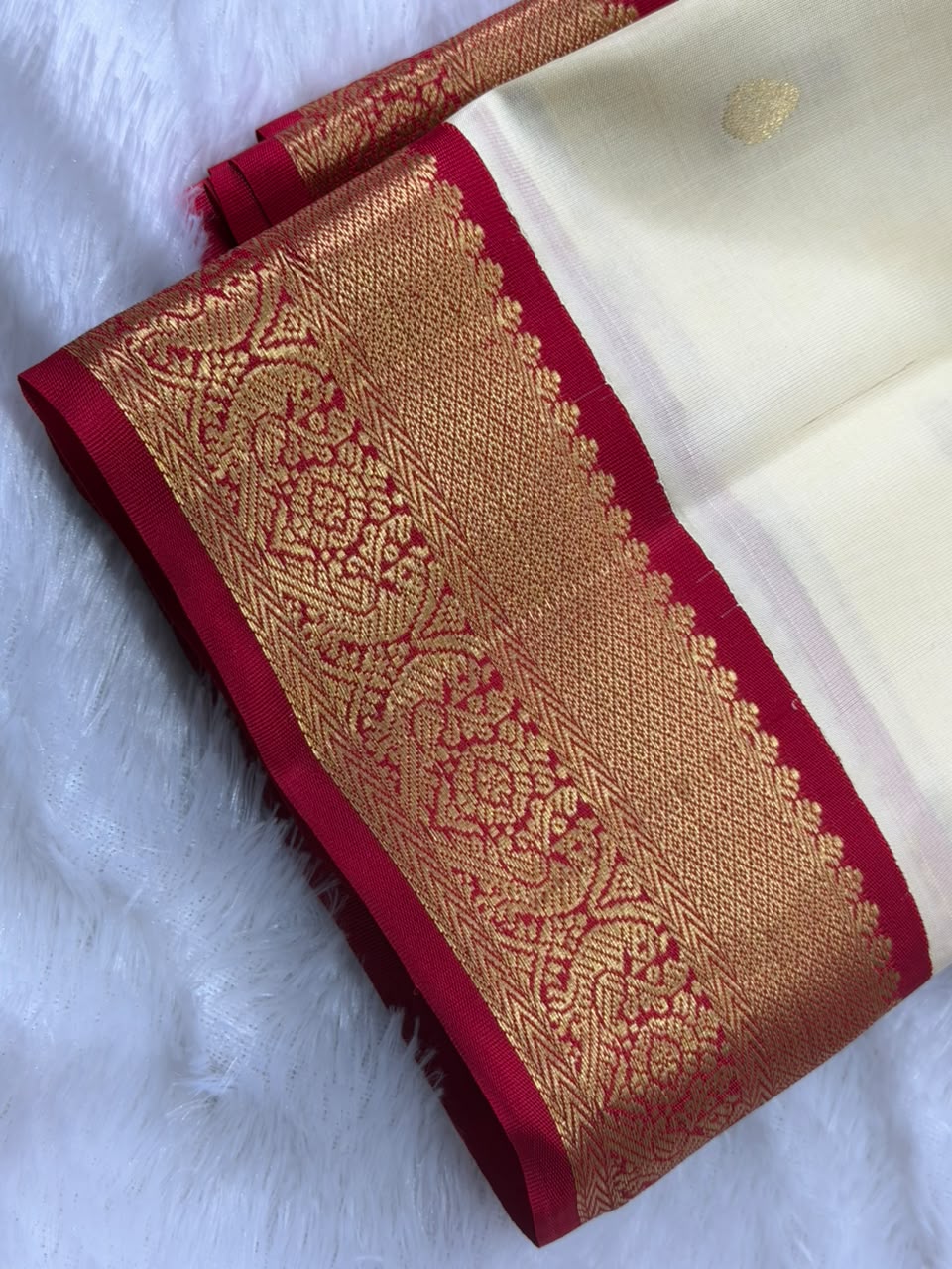 Butter Cream Pure Silk Saree with Crimson Zari Border