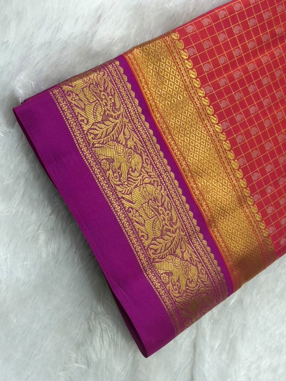 Crimson Red Checked Pure Silk Saree Purple Zari Border