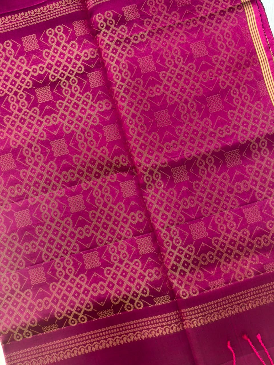 Magenta Pure Silk Saree with Gold Geometric Kolam Motifs
