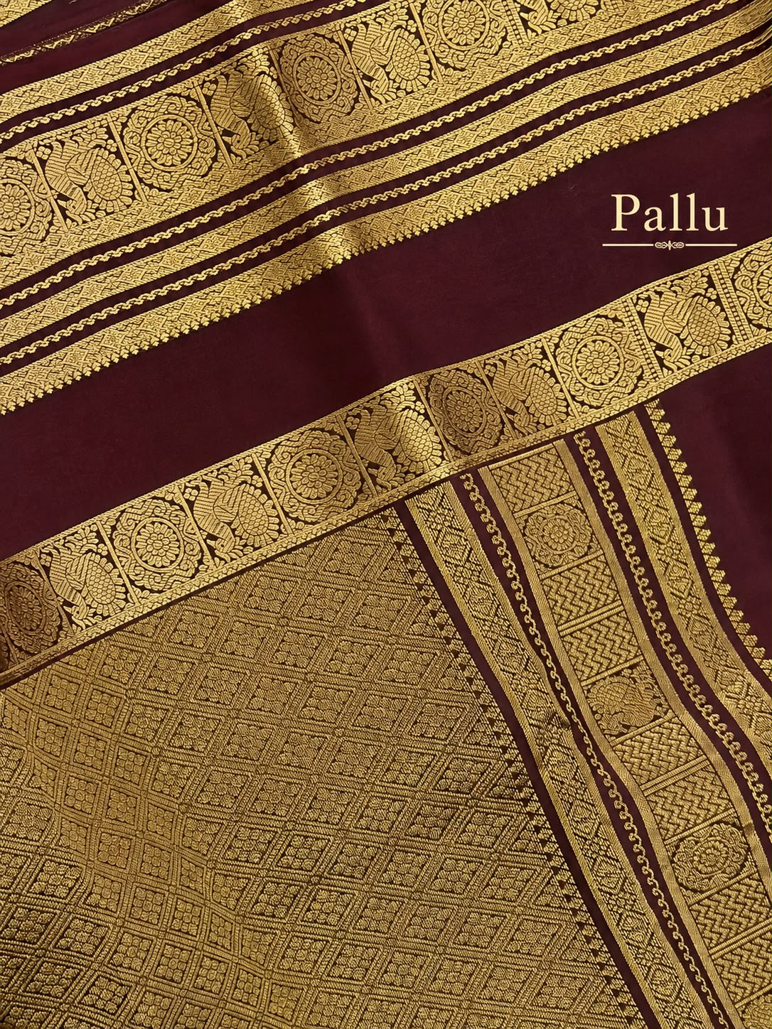 Burgundy Pure Silk Saree with Brown Gold Peacock Zari Border