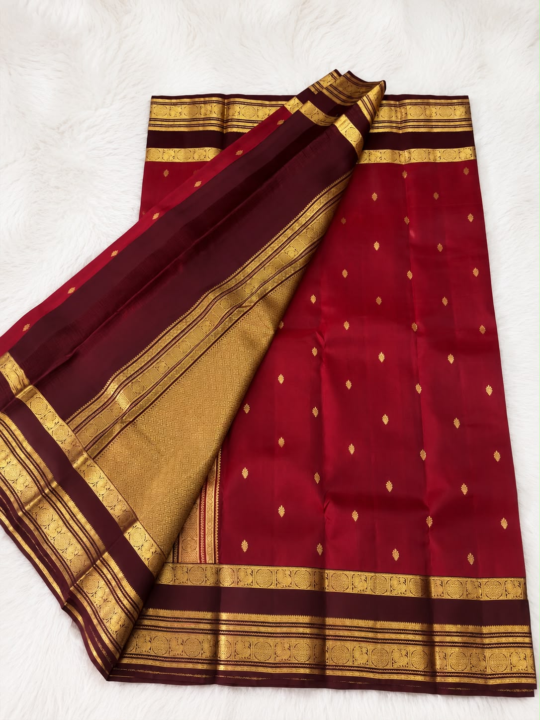 Burgundy Pure Silk Saree with Brown Gold Peacock Zari Border