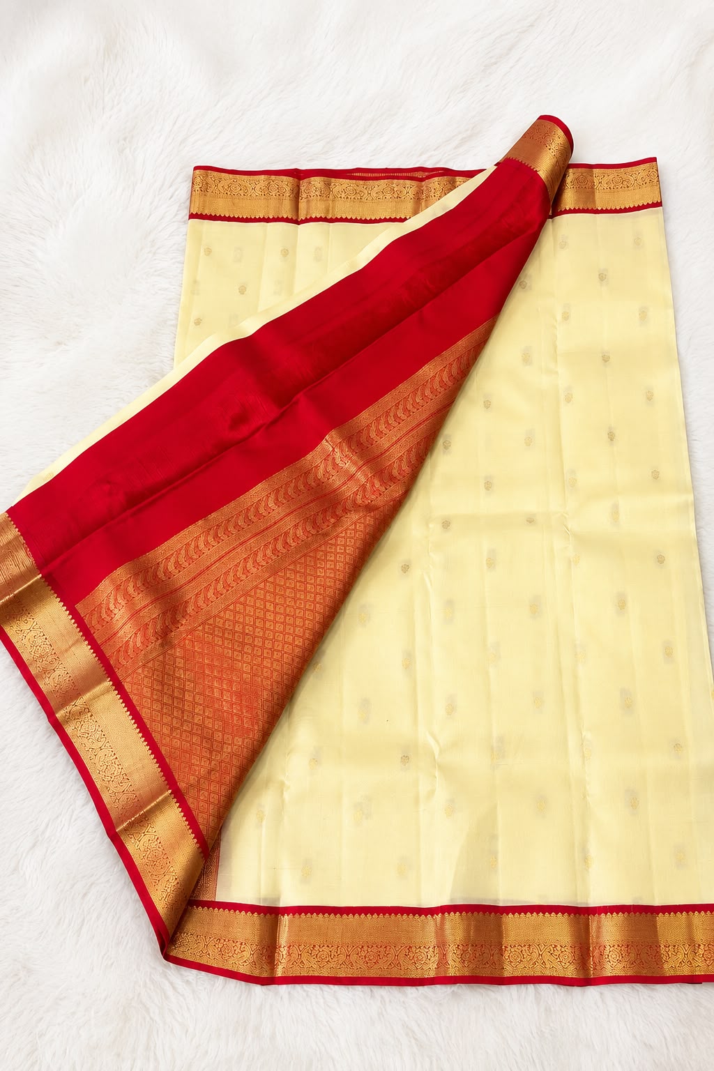 Butter Cream Pure Silk Saree with Crimson Zari Border