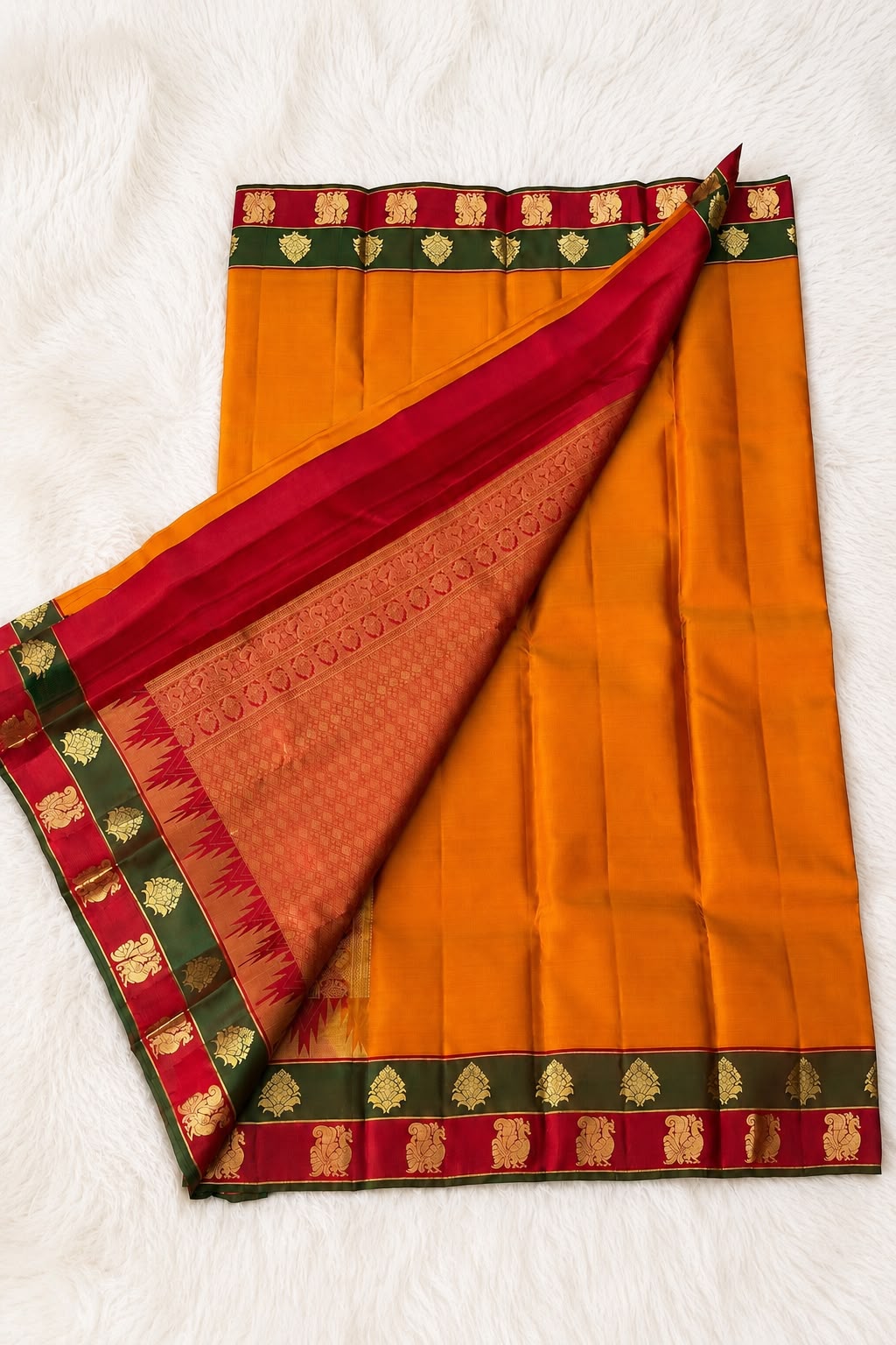 Bright Mango Orange Handloomed Pure Silk Kanchipuram Saree