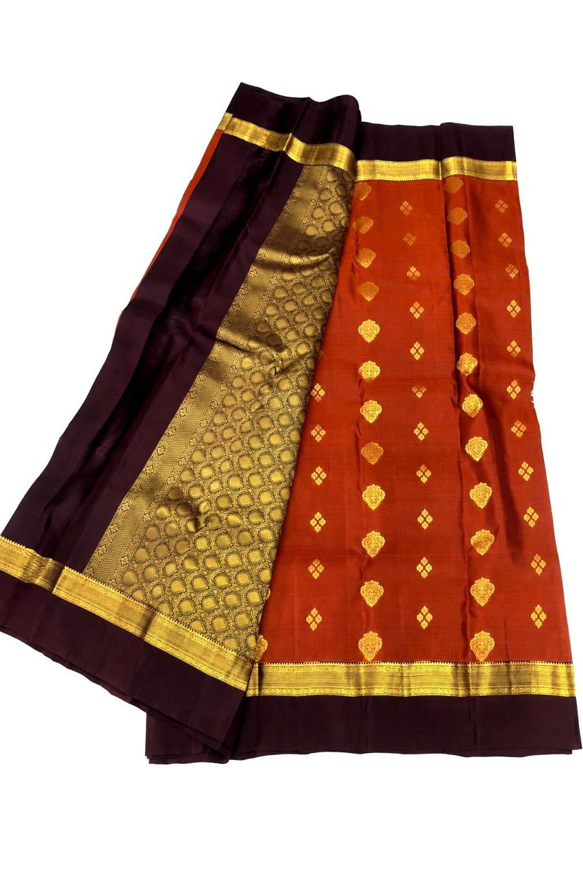Rust Orange Pure Silk Saree with Brown Zari Border