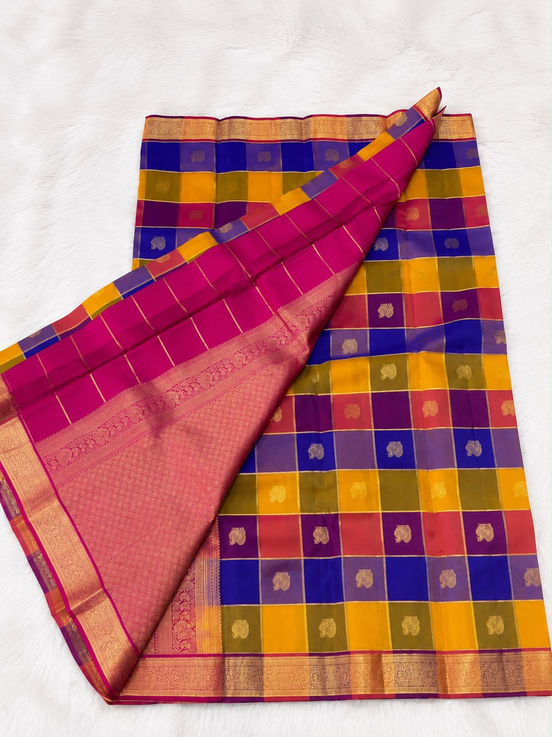 Multi Color Checked Pure Silk Saree with Gold Border