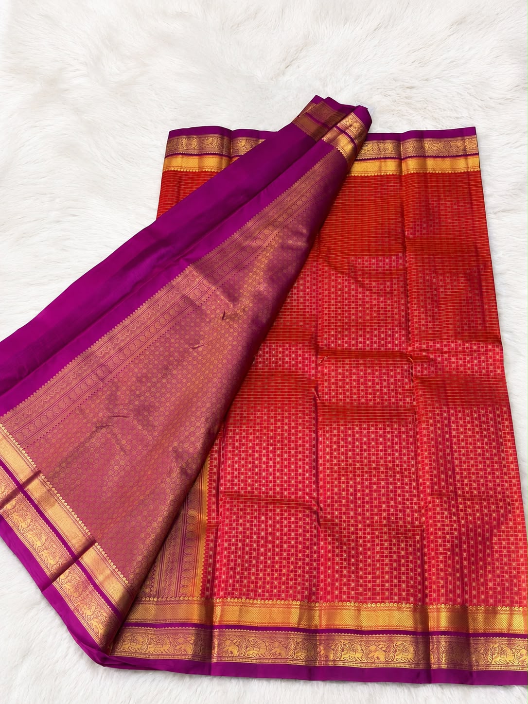 Crimson Red Checked Pure Silk Saree Purple Zari Border
