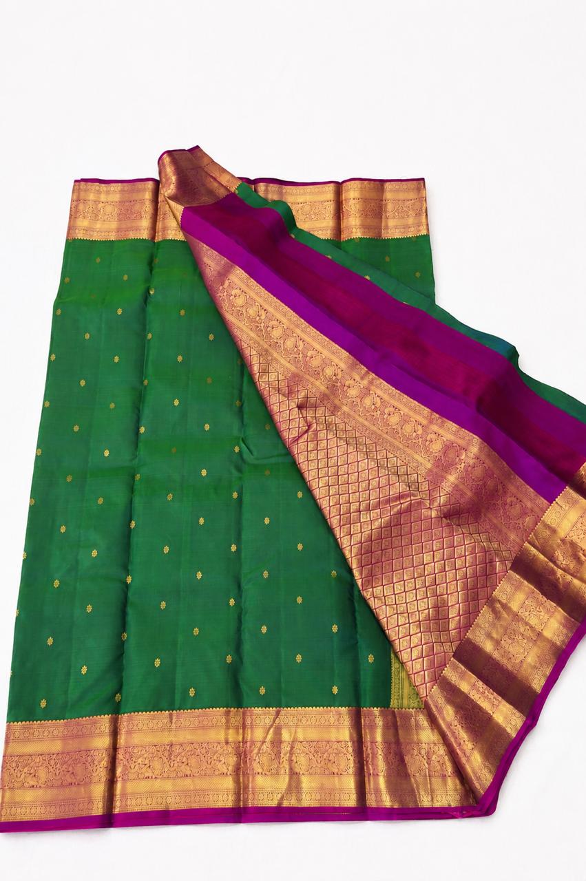 Emerald Green Pure Silk Saree with Gold Zari Border