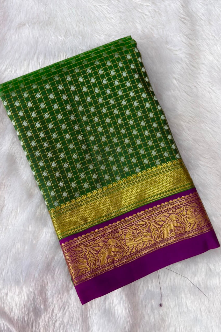 Green Pure Silk Check Saree with Purple Peacock Zari Border