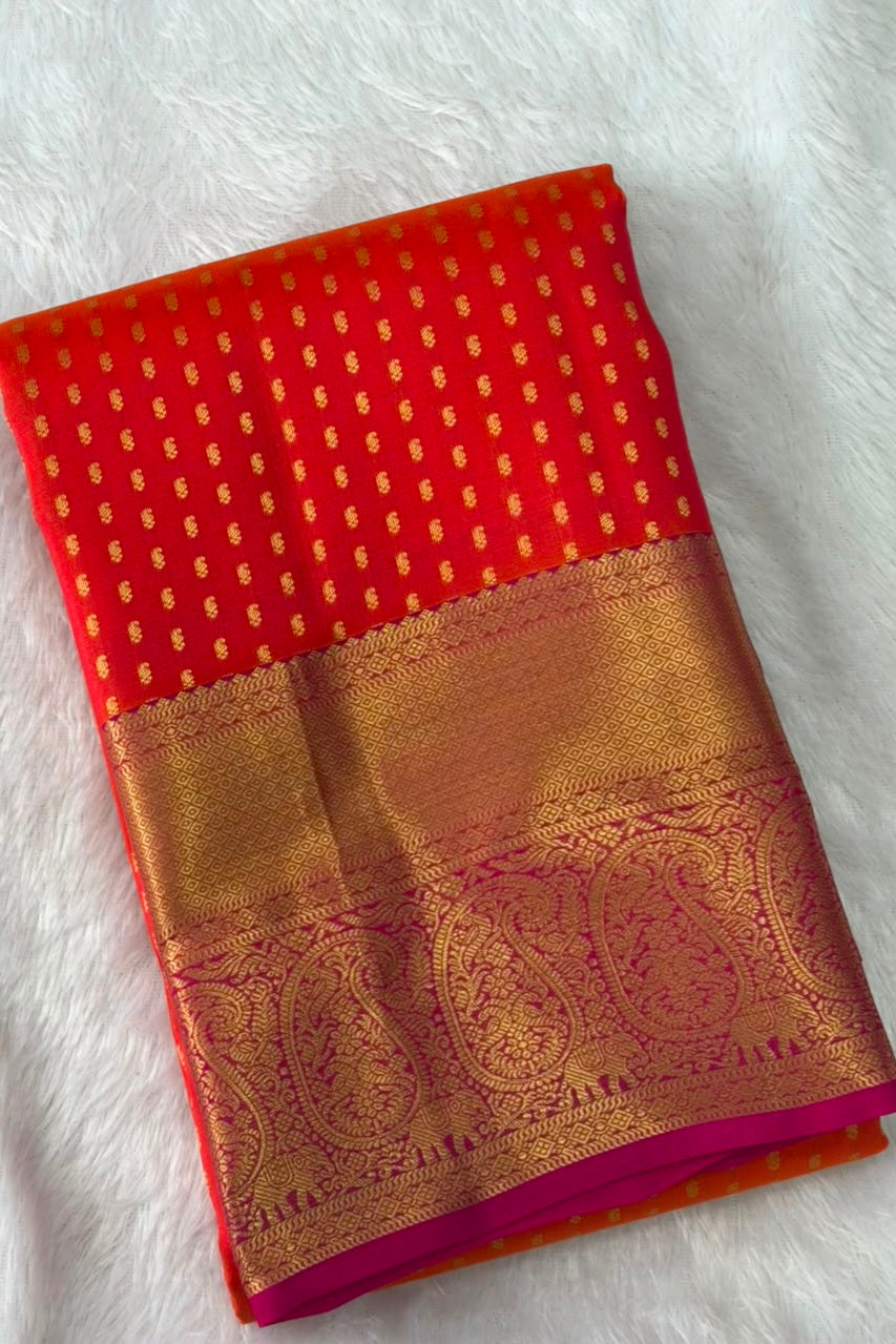 Red Orange Pure Silk Saree with Gold Paisley Zari Border