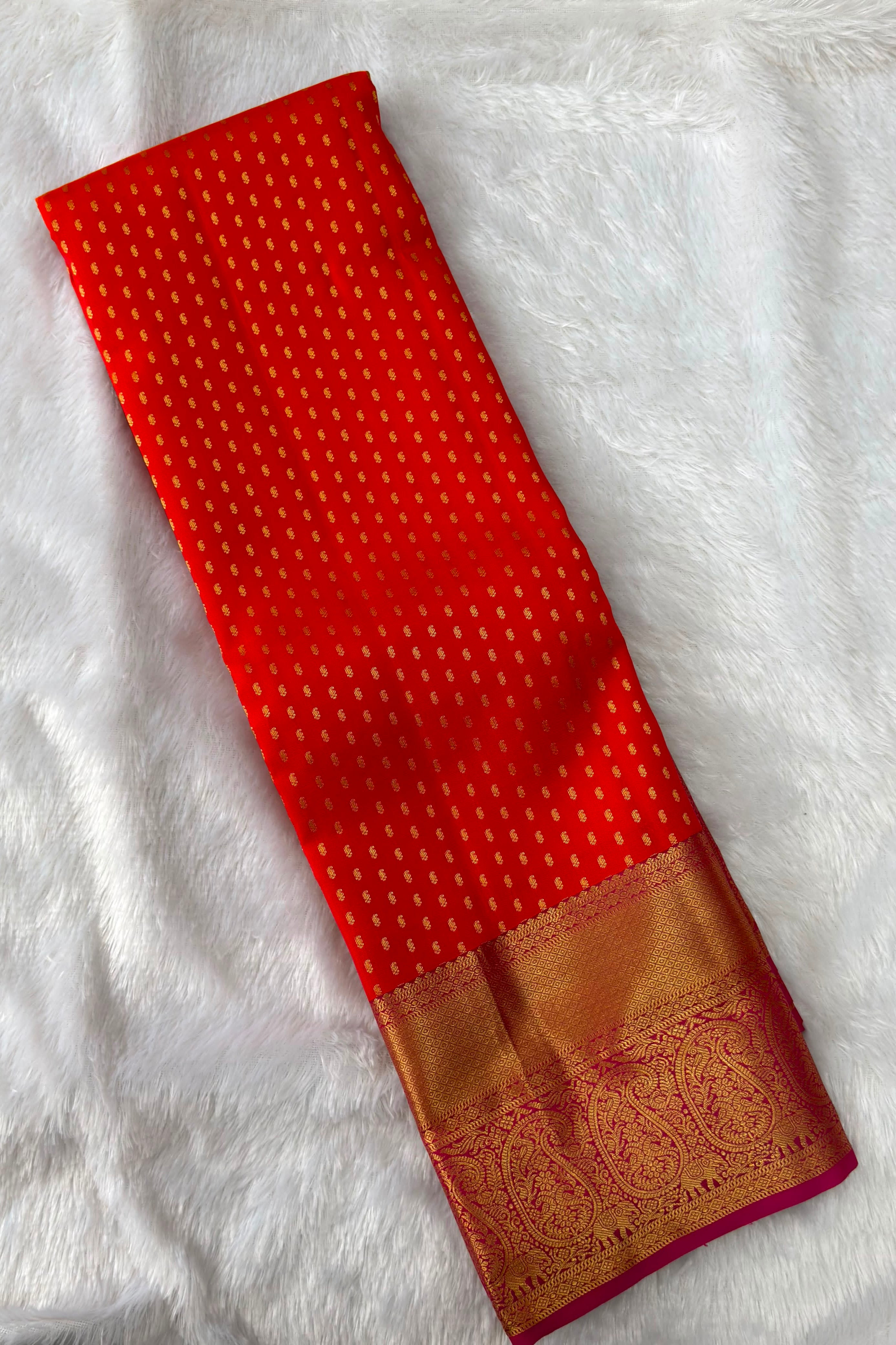 Red Orange Pure Silk Saree with Gold Paisley Zari Border