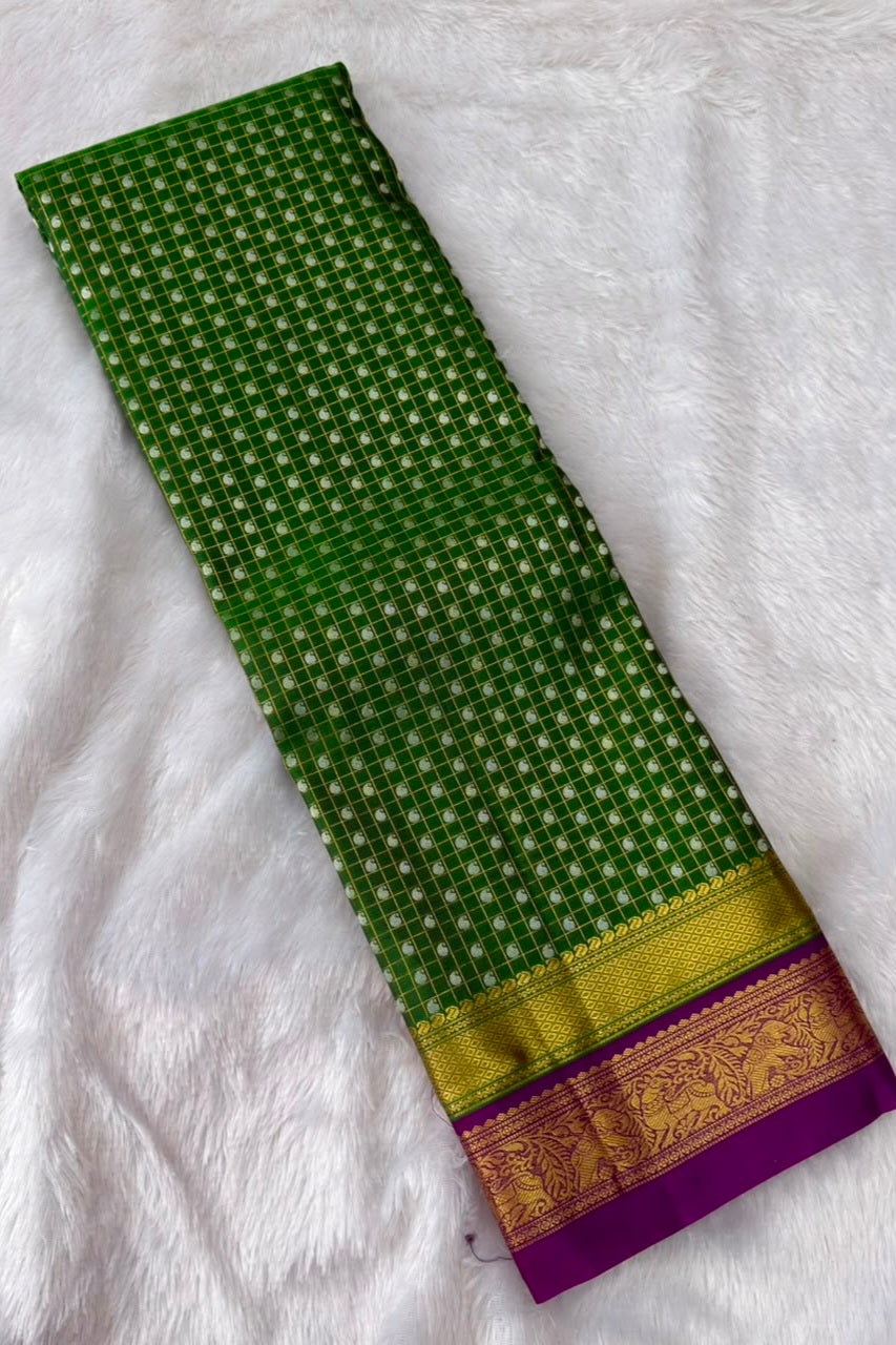 Green Pure Silk Check Saree with Purple Peacock Zari Border