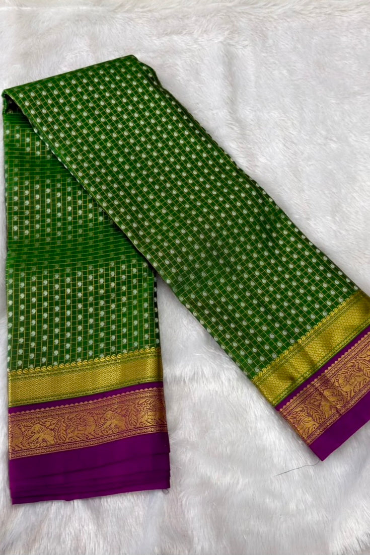 Green Pure Silk Check Saree with Purple Peacock Zari Border