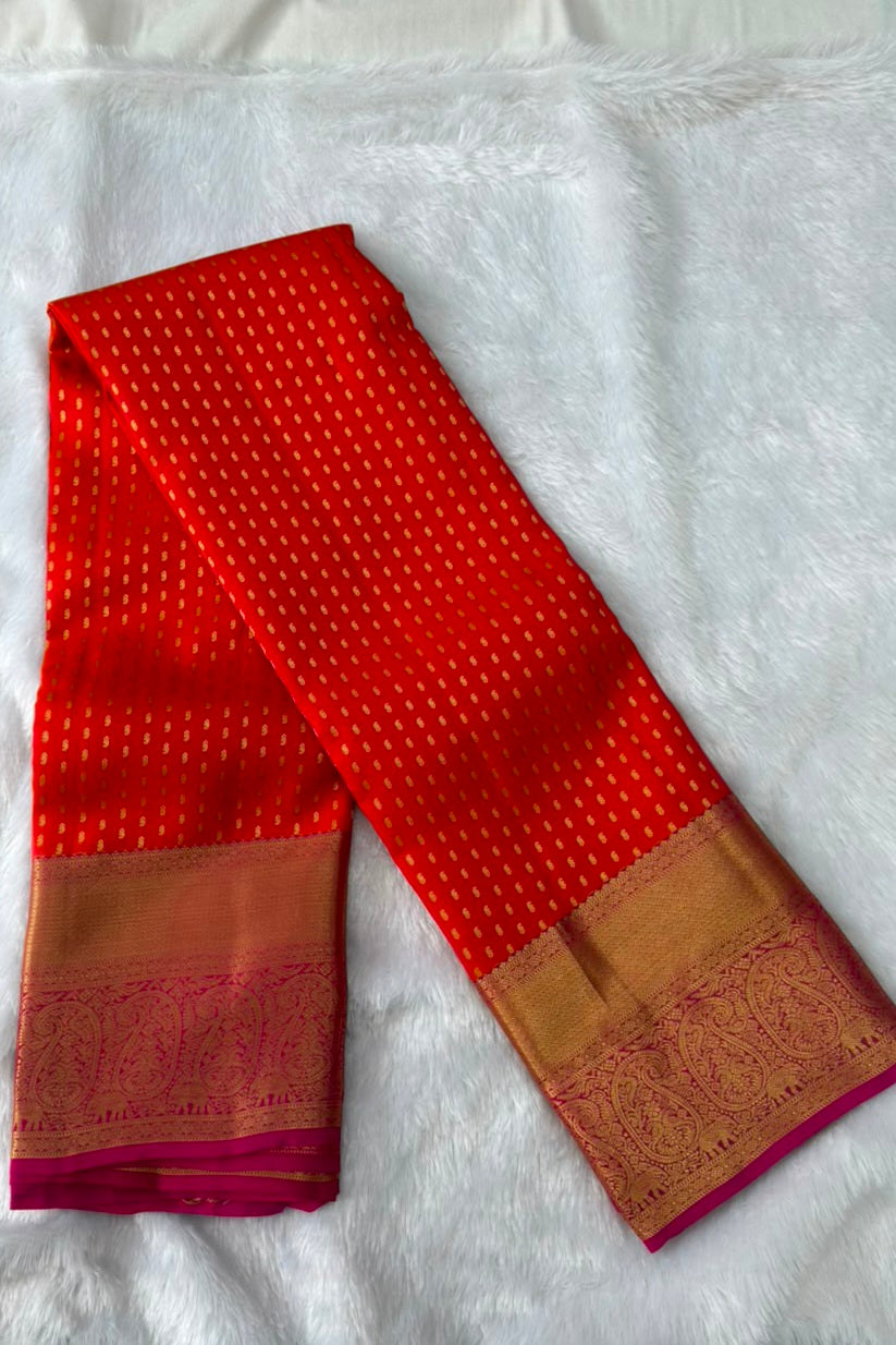 Red Orange Pure Silk Saree with Gold Paisley Zari Border